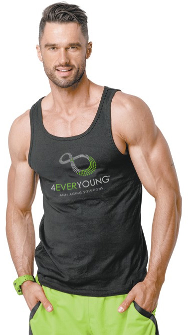 man with his hands in his pockets wearing a forever young tank top